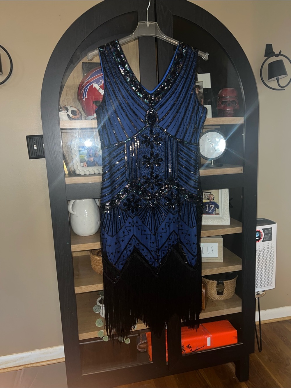 Vintage-Inspired Beaded Blue and Black Fringe Evening Dress EUC L